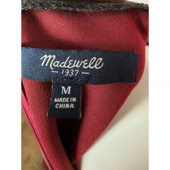 Madewell Burgundy Fit and Flare Dress Black Leather Trim Size Medium - Picture 8 of 8